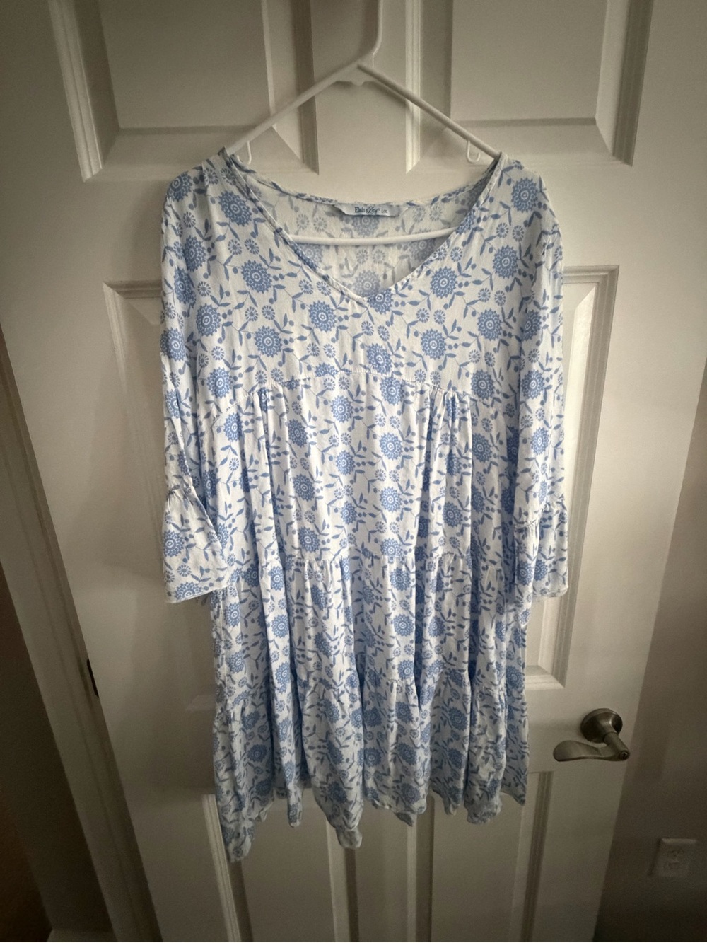 Blue Floral Long-Sleeve Tiered Swing Dress